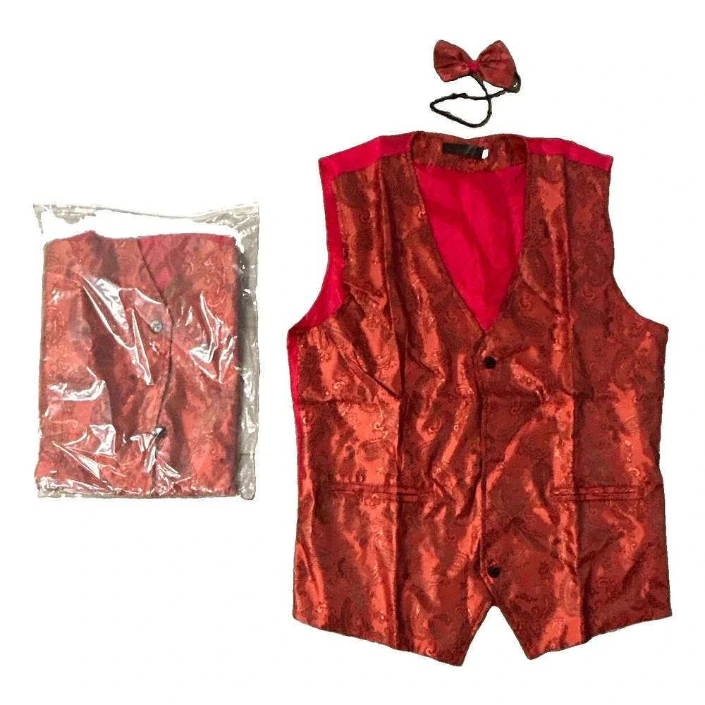 Men's Red Paisley Formal Tuxedo Vest Waistcoat w/ Matching Bow Tie, S